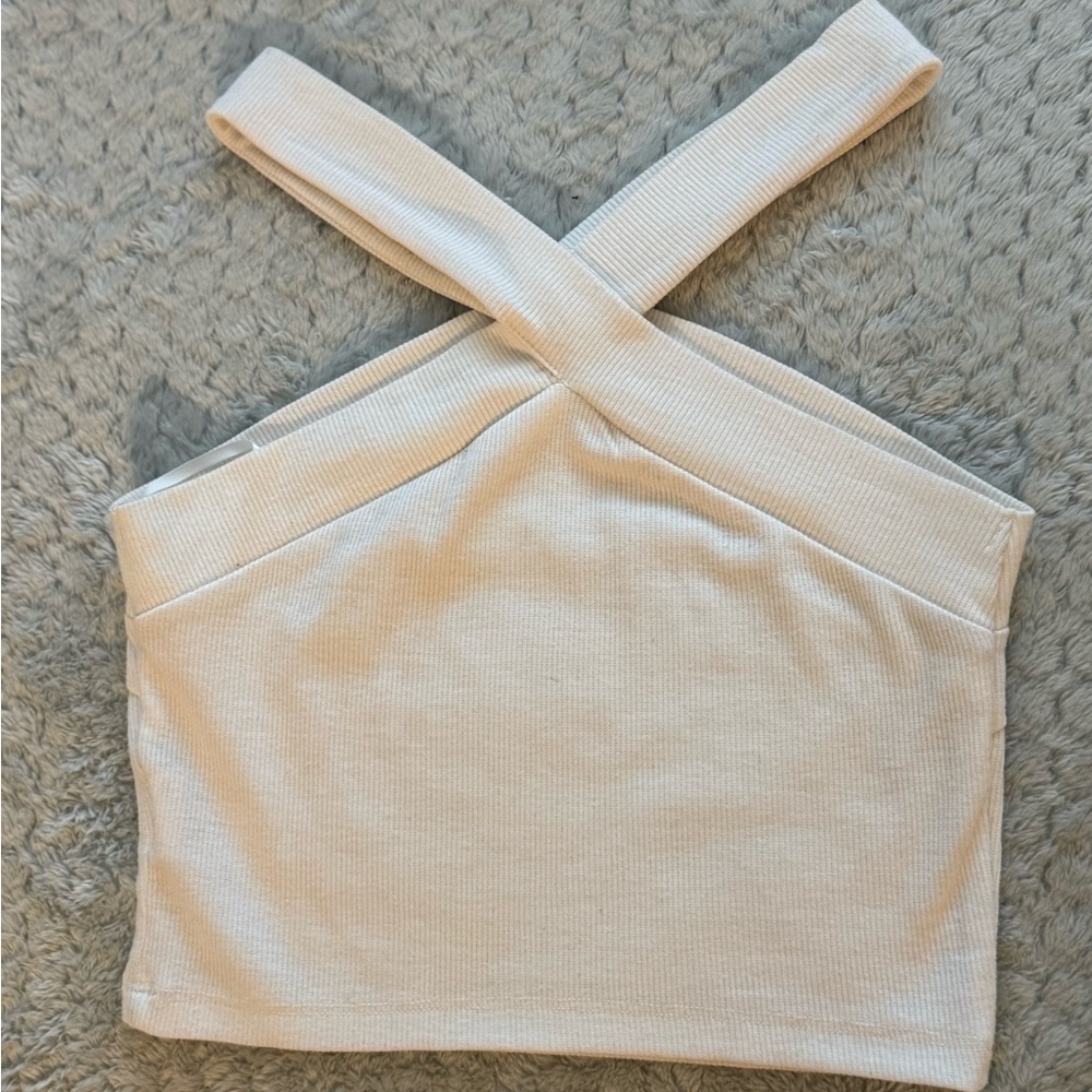 White ribbed cross neck halter crop top size Small casual going out tank - Picture 2 of 4